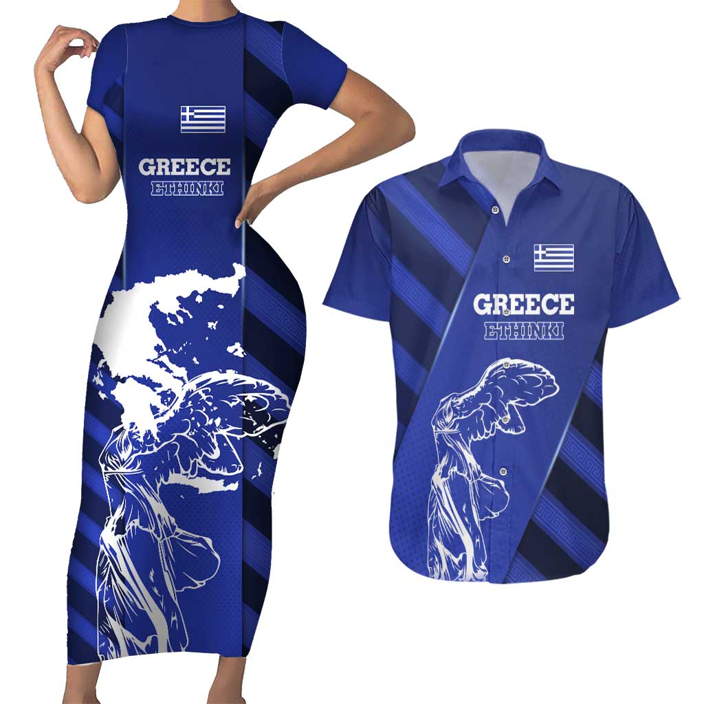 Greek Pride Couples Matching Short Sleeve Bodycon Dress and Hawaiian Shirt with Ancient Sculpture and National Map Graphic