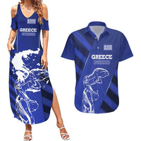 Greek Pride Couples Matching Summer Maxi Dress and Hawaiian Shirt with Ancient Sculpture and National Map Graphic