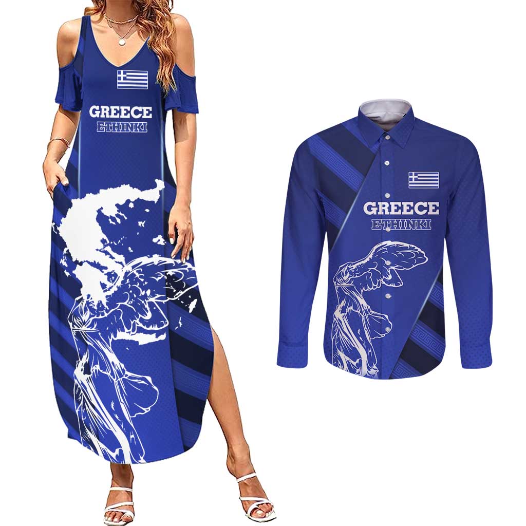 Greek Pride Couples Matching Summer Maxi Dress and Long Sleeve Button Shirt with Ancient Sculpture and National Map Graphic