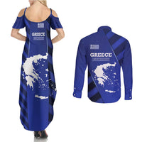 Greek Pride Couples Matching Summer Maxi Dress and Long Sleeve Button Shirt with Ancient Sculpture and National Map Graphic