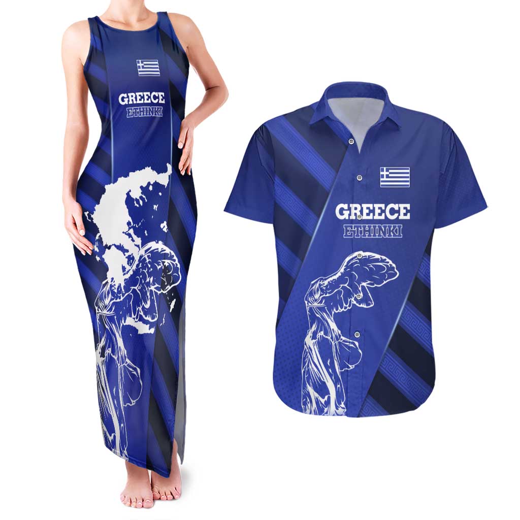 Greek Pride Couples Matching Tank Maxi Dress and Hawaiian Shirt with Ancient Sculpture and National Map Graphic
