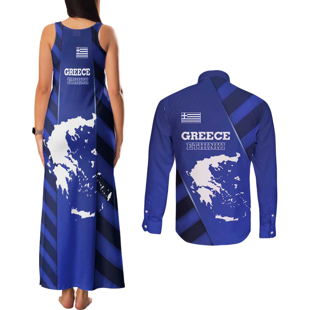 Greek Pride Couples Matching Tank Maxi Dress and Long Sleeve Button Shirt with Ancient Sculpture and National Map Graphic