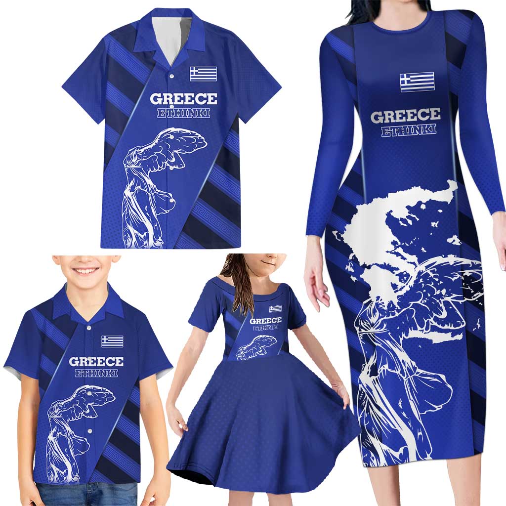 Greek Pride Family Matching Long Sleeve Bodycon Dress and Hawaiian Shirt with Ancient Sculpture and National Map Graphic
