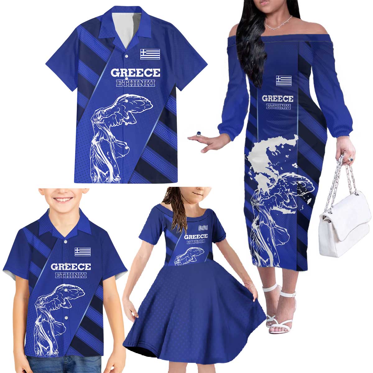 Greek Pride Family Matching Off The Shoulder Long Sleeve Dress and Hawaiian Shirt with Ancient Sculpture and National Map Graphic