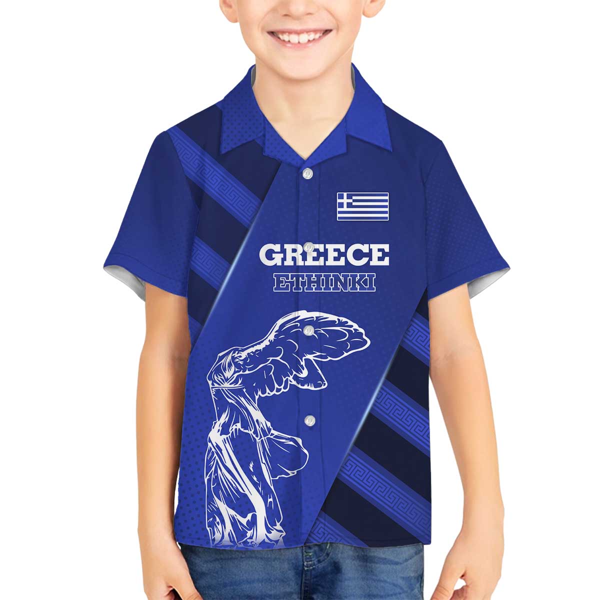 Greek Pride Family Matching Off The Shoulder Long Sleeve Dress and Hawaiian Shirt with Ancient Sculpture and National Map Graphic