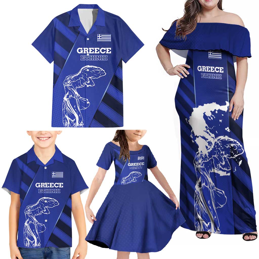 Greek Pride Family Matching Off Shoulder Maxi Dress and Hawaiian Shirt with Ancient Sculpture and National Map Graphic