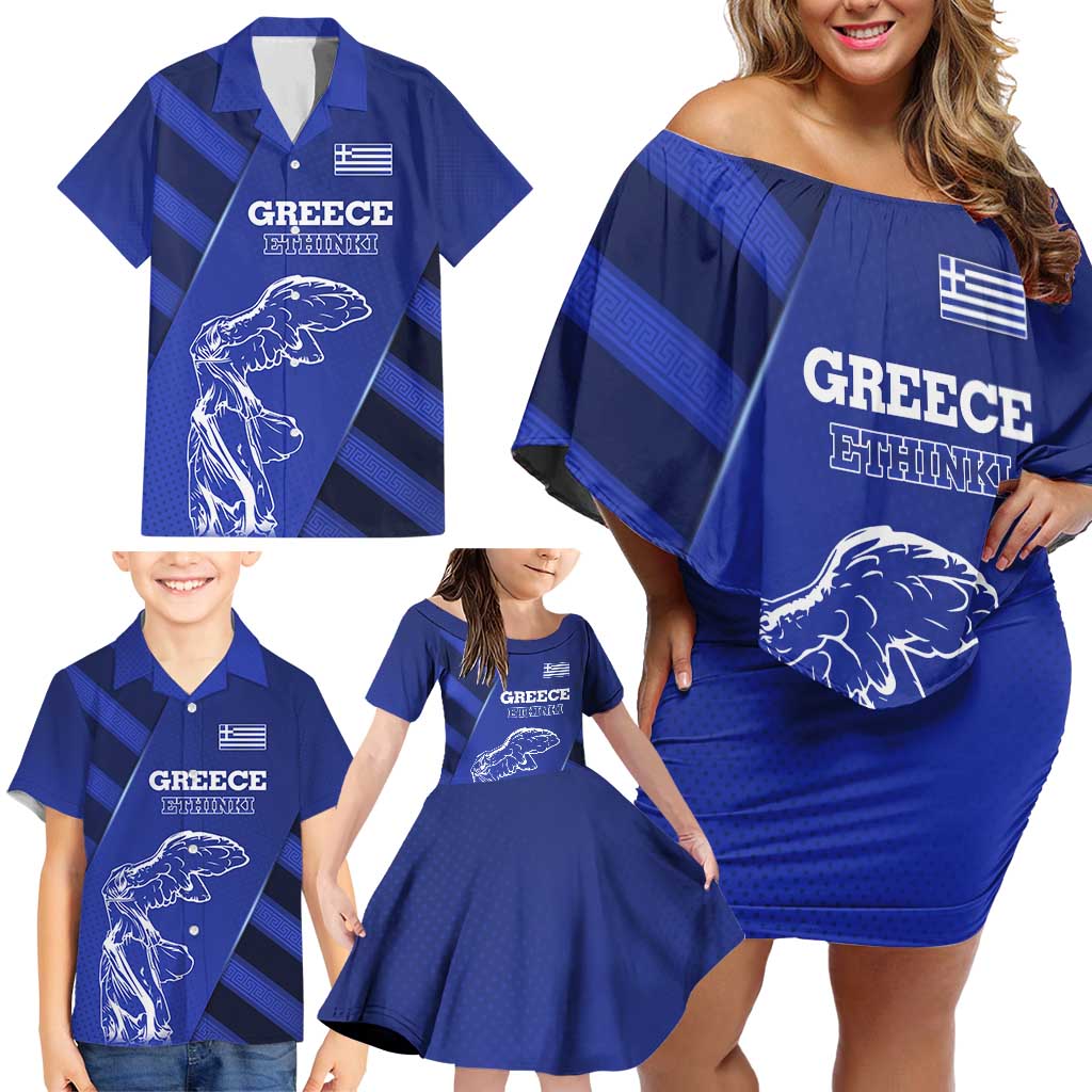 Greek Pride Family Matching Off Shoulder Short Dress and Hawaiian Shirt with Ancient Sculpture and National Map Graphic