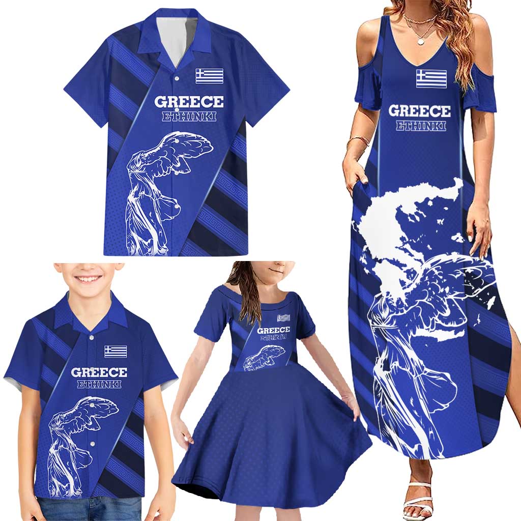 Greek Pride Family Matching Summer Maxi Dress and Hawaiian Shirt with Ancient Sculpture and National Map Graphic