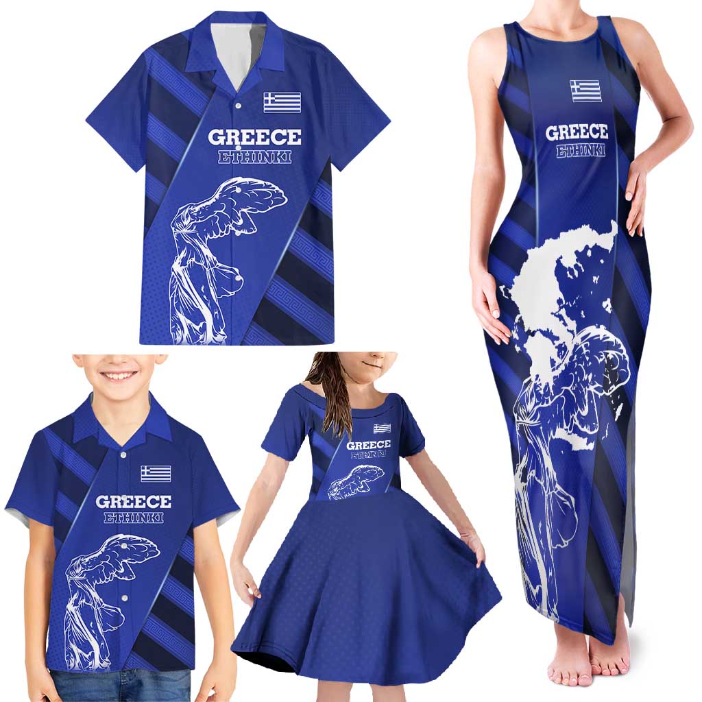 Greek Pride Family Matching Tank Maxi Dress and Hawaiian Shirt with Ancient Sculpture and National Map Graphic