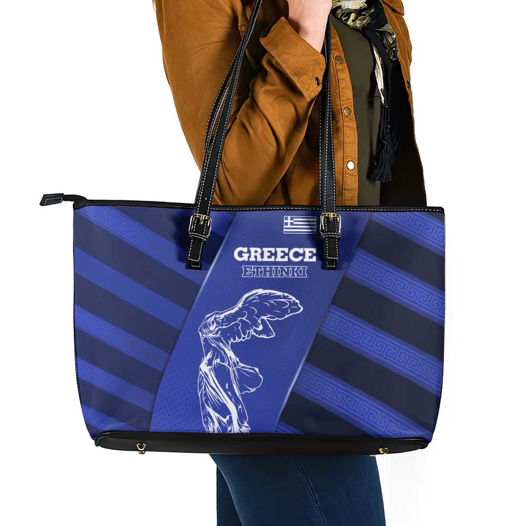 Greek Pride Leather Tote Bag with Ancient Sculpture and National Map Graphic