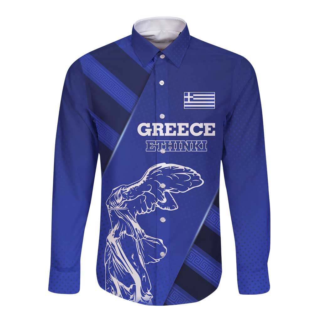 Greek Pride Long Sleeve Button Shirt with Ancient Sculpture and National Map Graphic