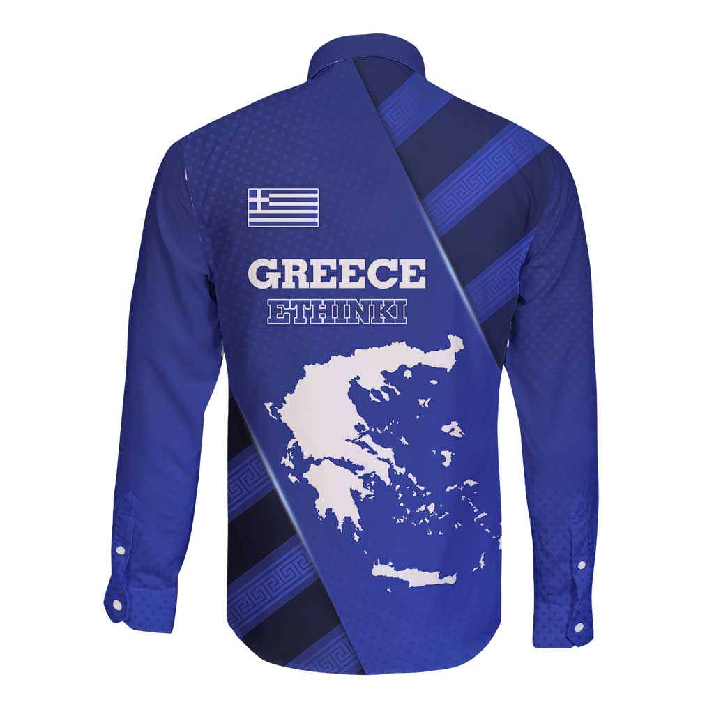 Greek Pride Long Sleeve Button Shirt with Ancient Sculpture and National Map Graphic