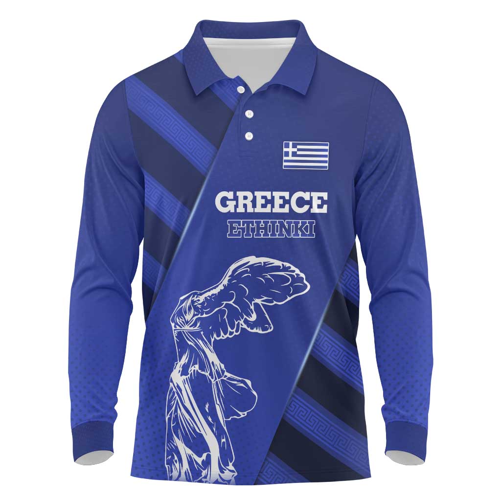 Greek Pride Long Sleeve Polo Shirt with Ancient Sculpture and National Map Graphic