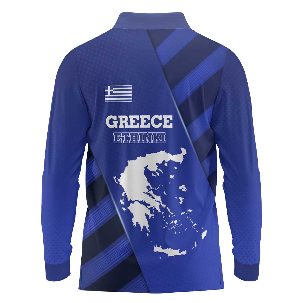 Greek Pride Long Sleeve Polo Shirt with Ancient Sculpture and National Map Graphic