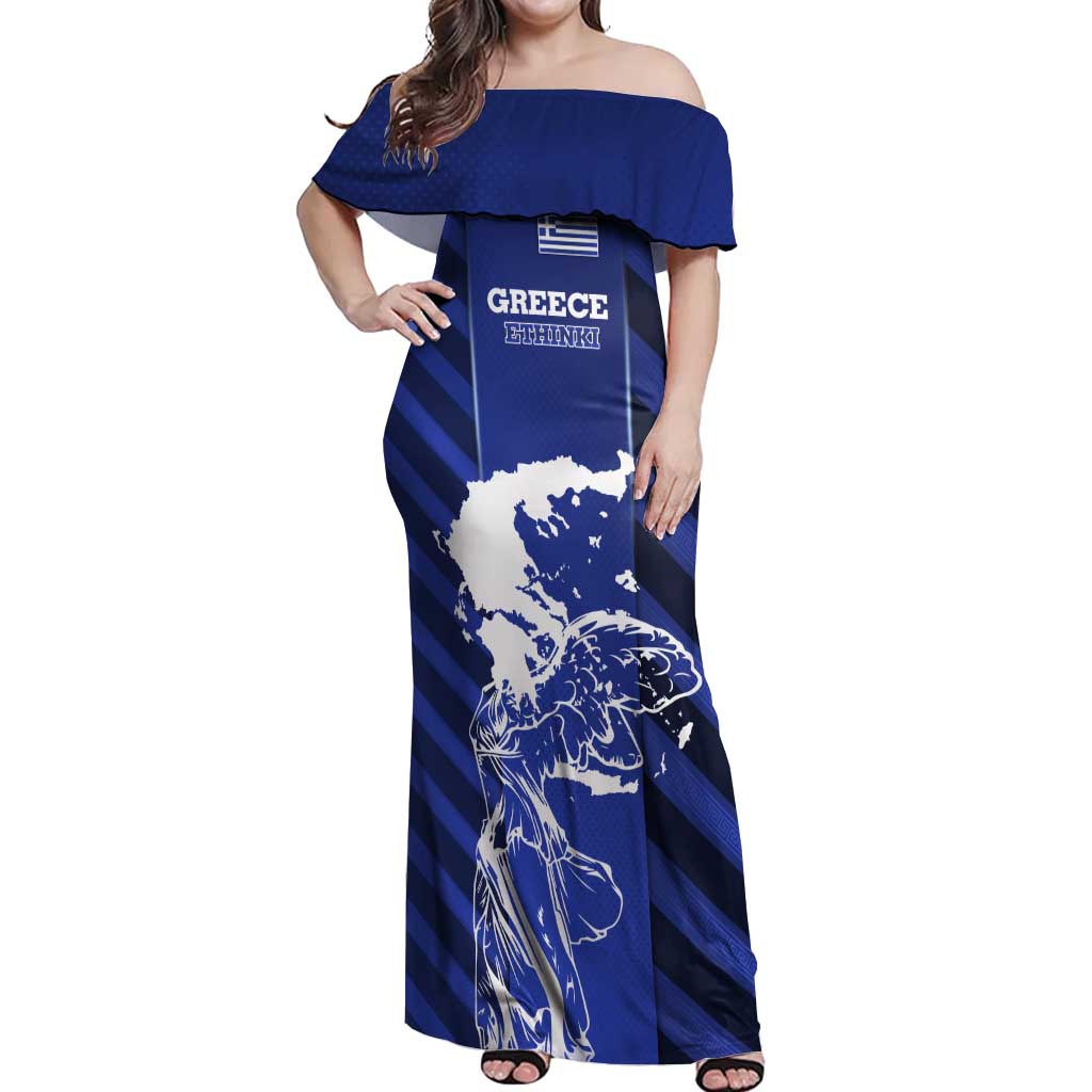 Greek Pride Off Shoulder Maxi Dress with Ancient Sculpture and National Map Graphic