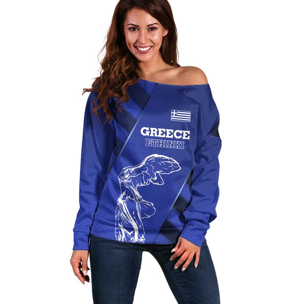 Greek Pride Off Shoulder Sweater with Ancient Sculpture and National Map Graphic
