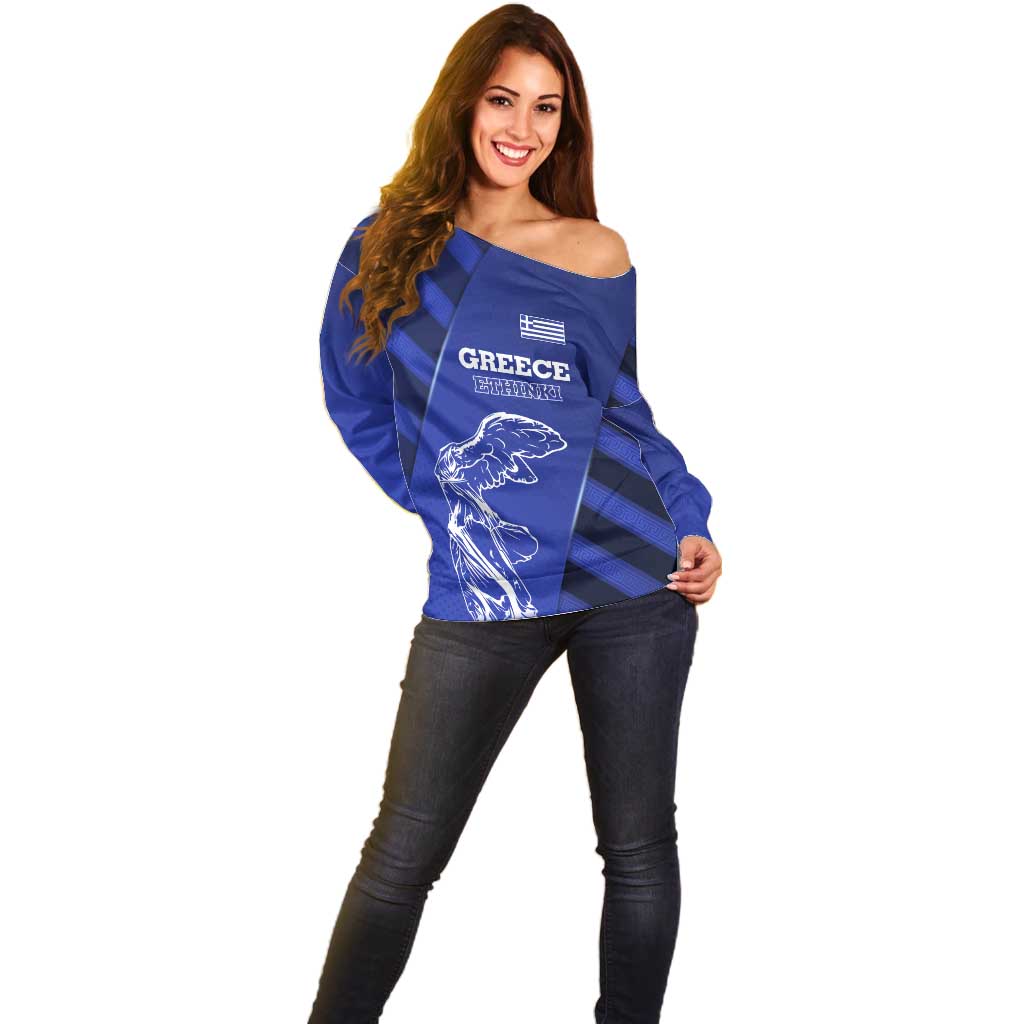 Greek Pride Off Shoulder Sweater with Ancient Sculpture and National Map Graphic
