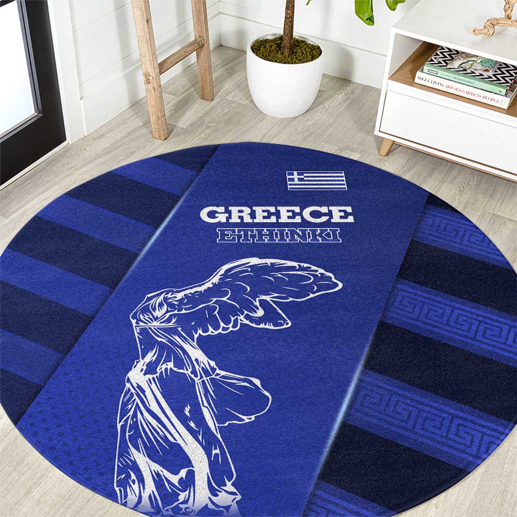 Greek Pride Round Carpet with Ancient Sculpture and National Map Graphic