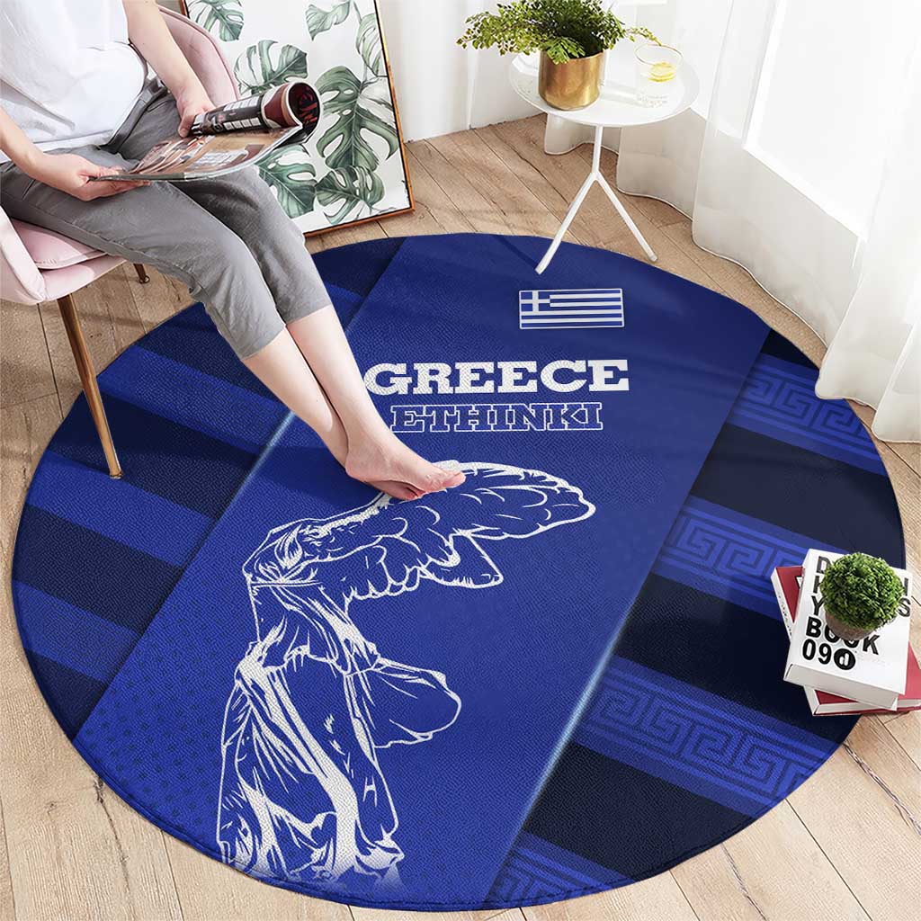 Greek Pride Round Carpet with Ancient Sculpture and National Map Graphic