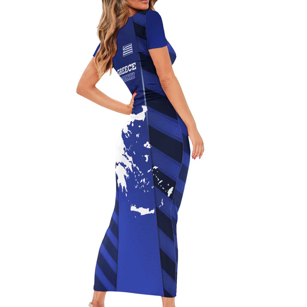 Greek Pride Short Sleeve Bodycon Dress with Ancient Sculpture and National Map Graphic