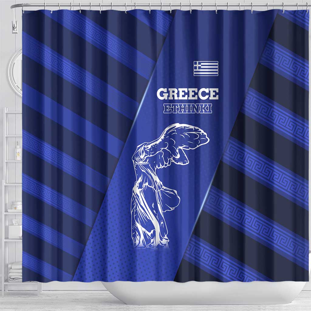 Greek Pride Shower Curtain with Ancient Sculpture and National Map Graphic