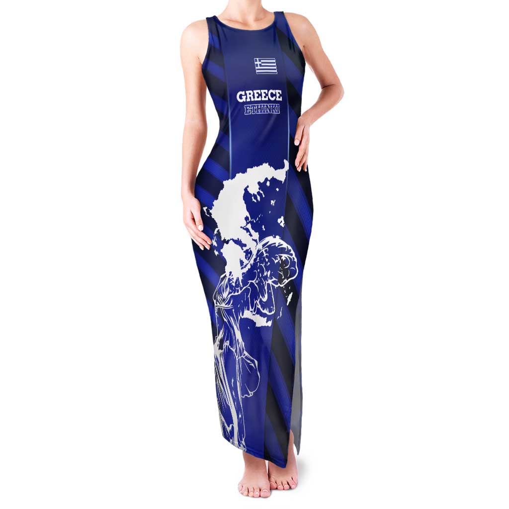 Greek Pride Tank Maxi Dress with Ancient Sculpture and National Map Graphic