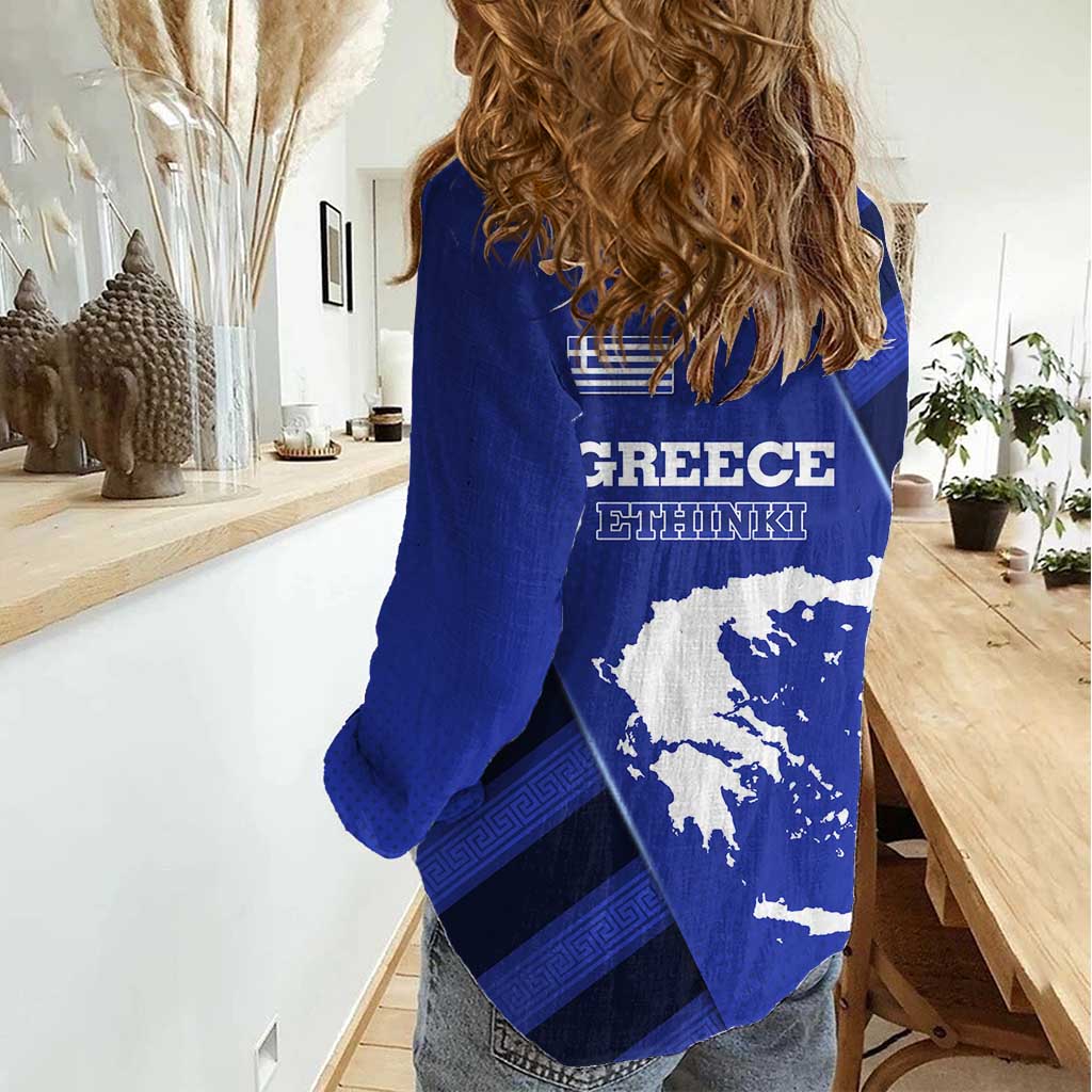 Greek Pride Women Casual Shirt with Ancient Sculpture and National Map Graphic
