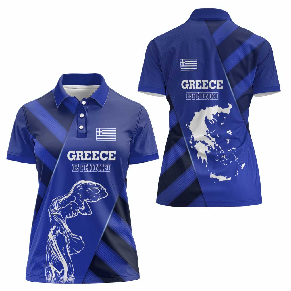 Greek Pride Women Polo Shirt with Ancient Sculpture and National Map Graphic