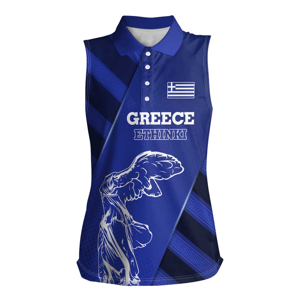 Greek Pride Women Sleeveless Polo Shirt with Ancient Sculpture and National Map Graphic