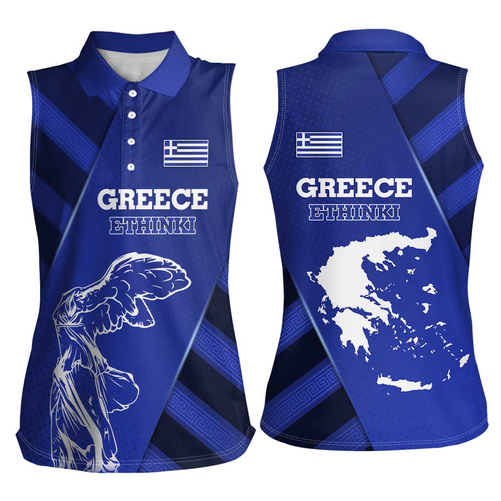 Greek Pride Women Sleeveless Polo Shirt with Ancient Sculpture and National Map Graphic
