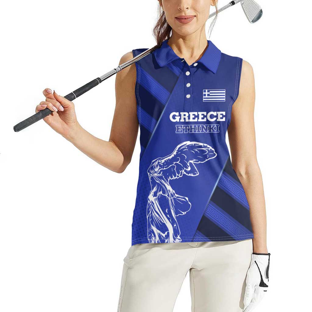 Greek Pride Women Sleeveless Polo Shirt with Ancient Sculpture and National Map Graphic