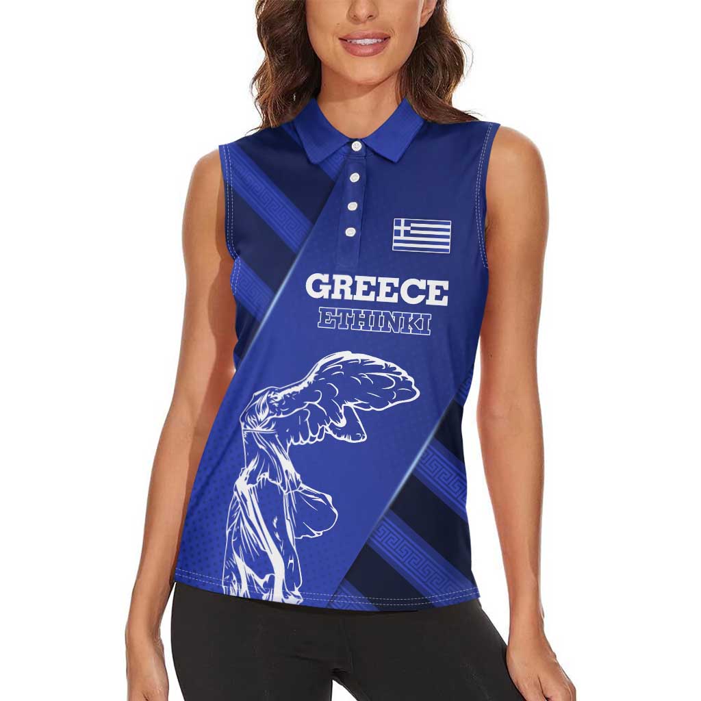 Greek Pride Women Sleeveless Polo Shirt with Ancient Sculpture and National Map Graphic