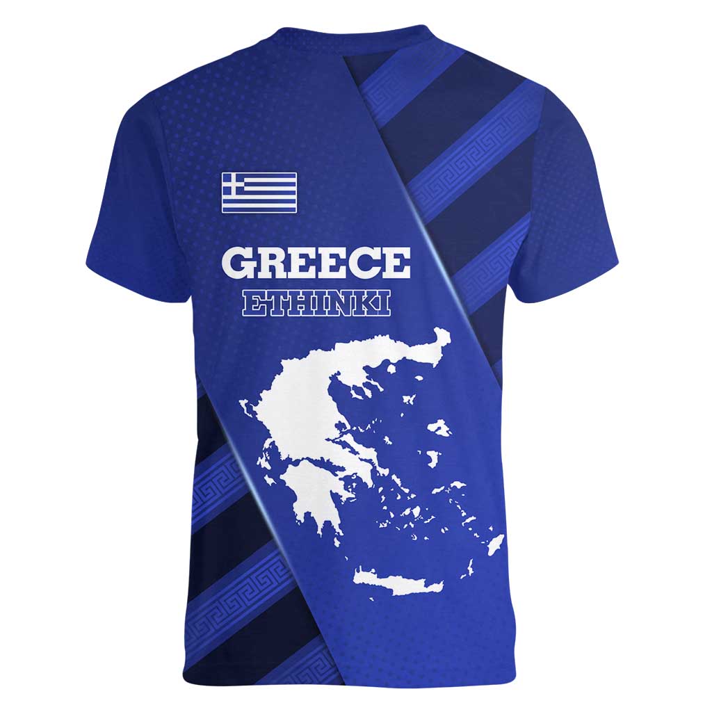 Greek Pride Women V-Neck T-Shirt with Ancient Sculpture and National Map Graphic