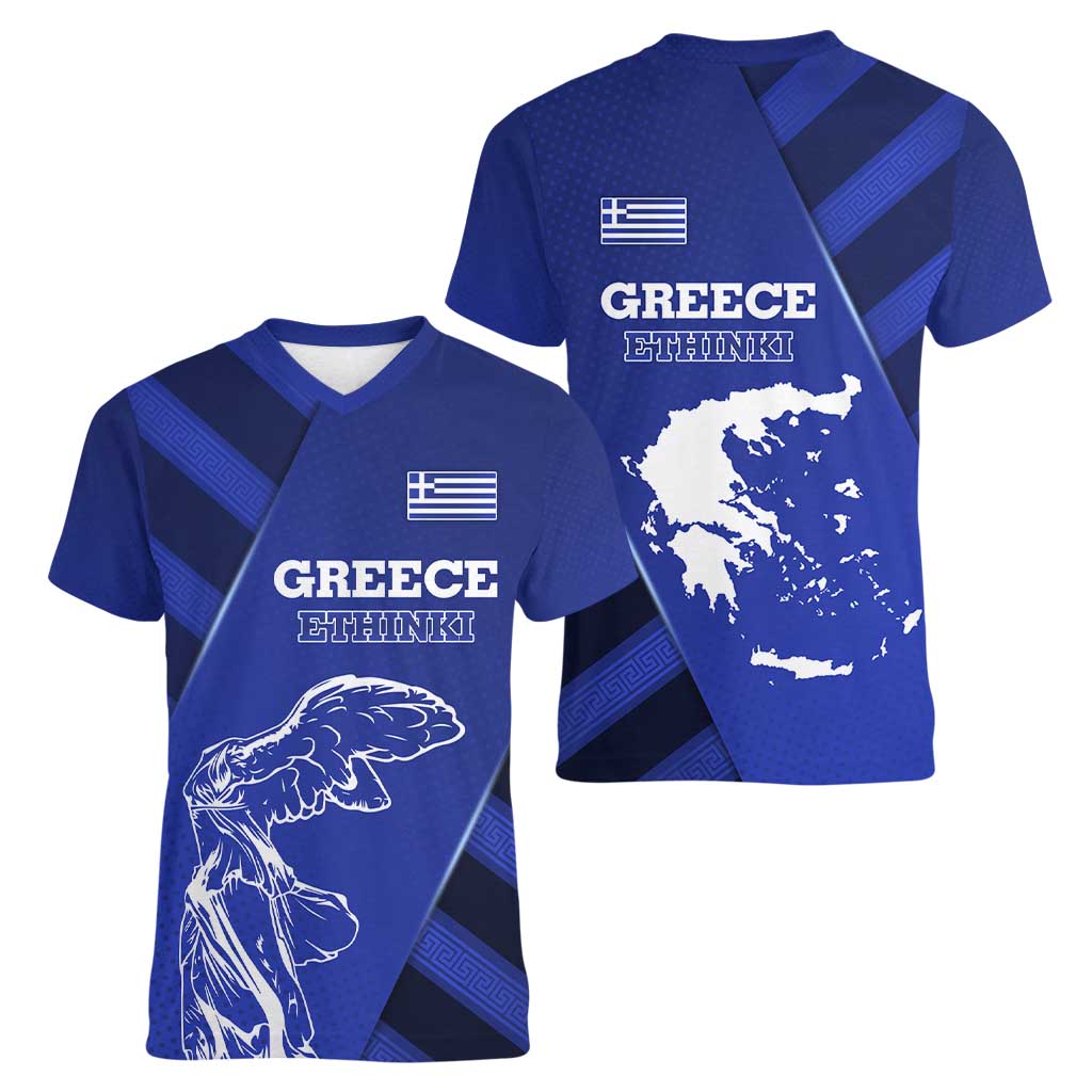 Greek Pride Women V-Neck T-Shirt with Ancient Sculpture and National Map Graphic