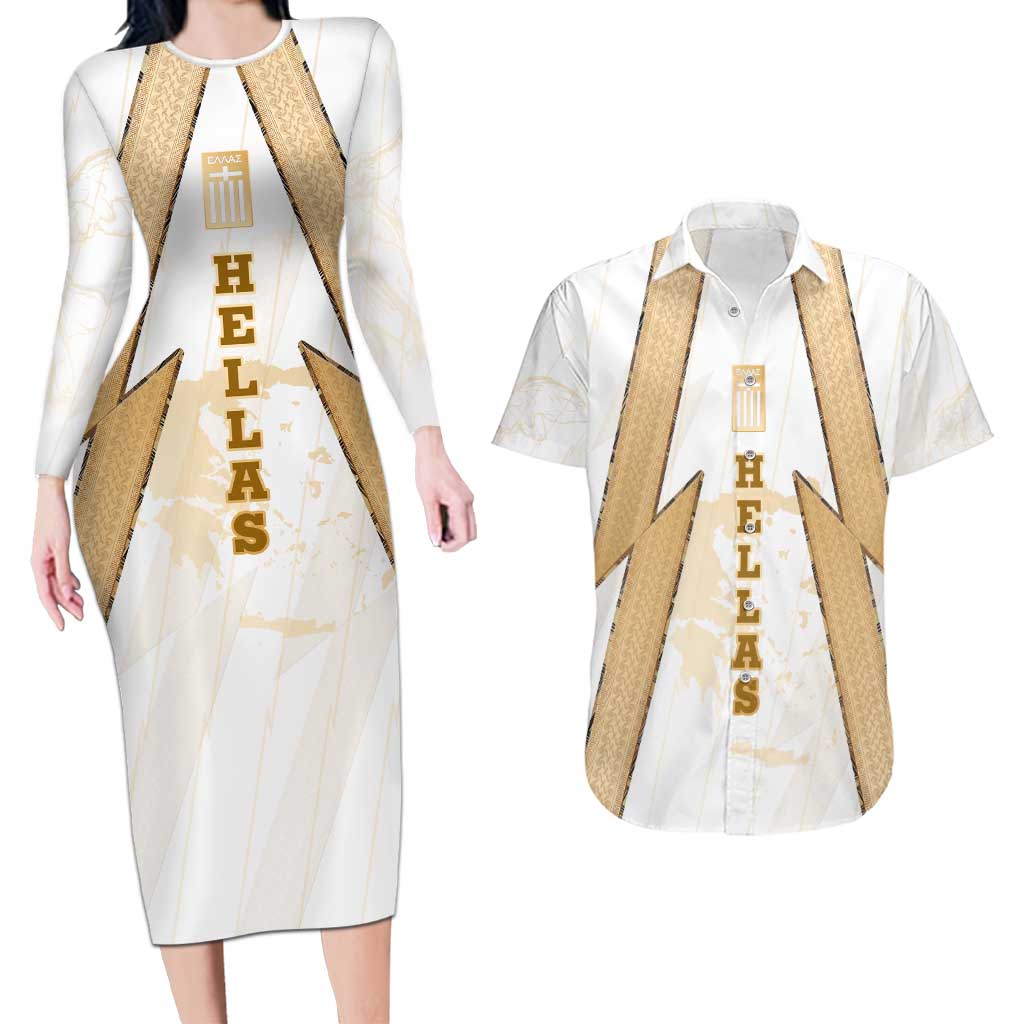 Hellas Athletic Couples Matching Long Sleeve Bodycon Dress and Hawaiian Shirt with Ancient Greek Shield Graphic and Numbered Back