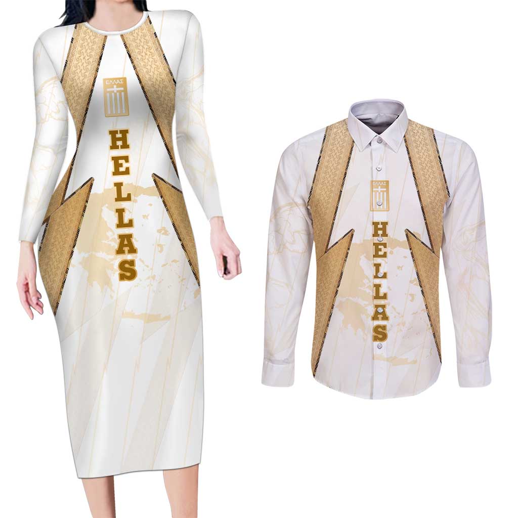 Hellas Athletic Couples Matching Long Sleeve Bodycon Dress and Long Sleeve Button Shirt with Ancient Greek Shield Graphic and Numbered Back