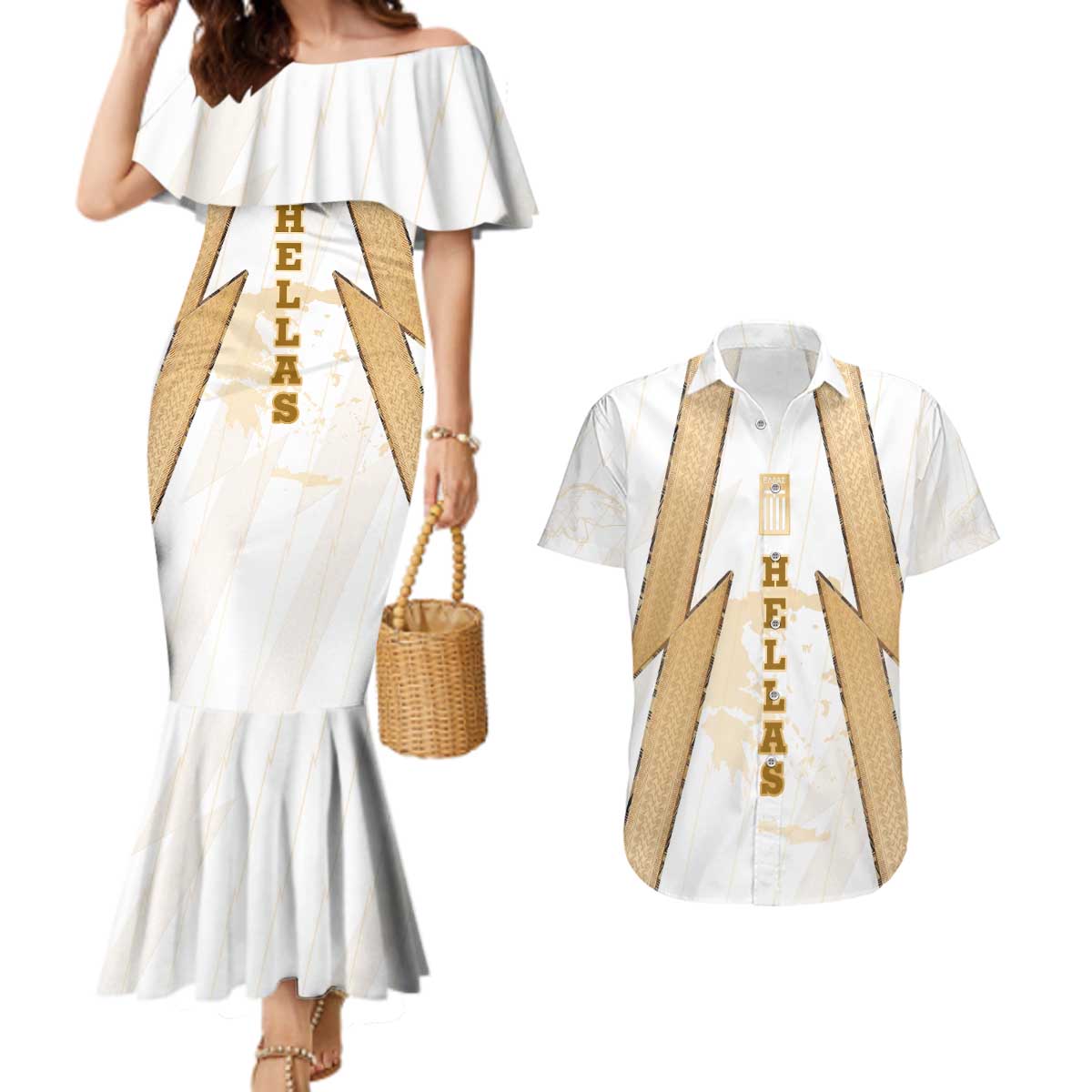 Hellas Athletic Couples Matching Mermaid Dress and Hawaiian Shirt with Ancient Greek Shield Graphic and Numbered Back