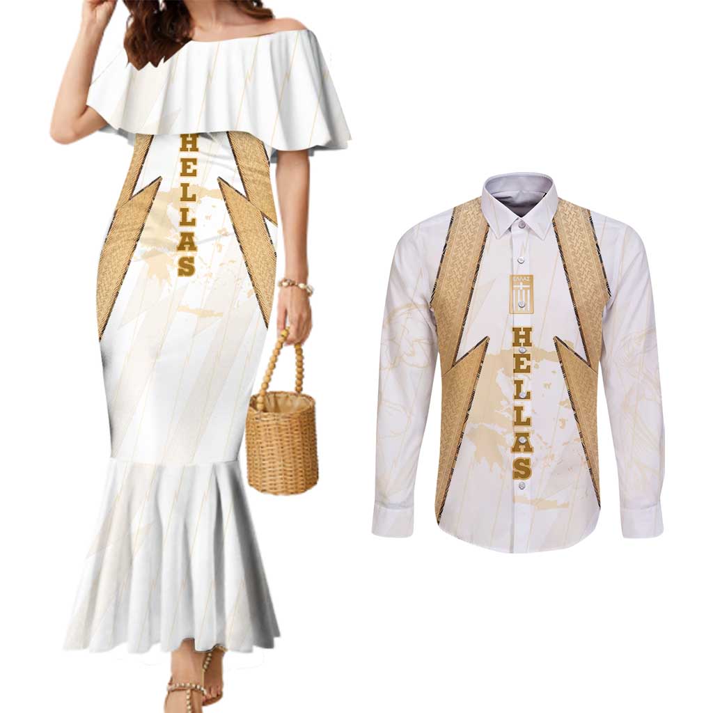 Hellas Athletic Couples Matching Mermaid Dress and Long Sleeve Button Shirt with Ancient Greek Shield Graphic and Numbered Back