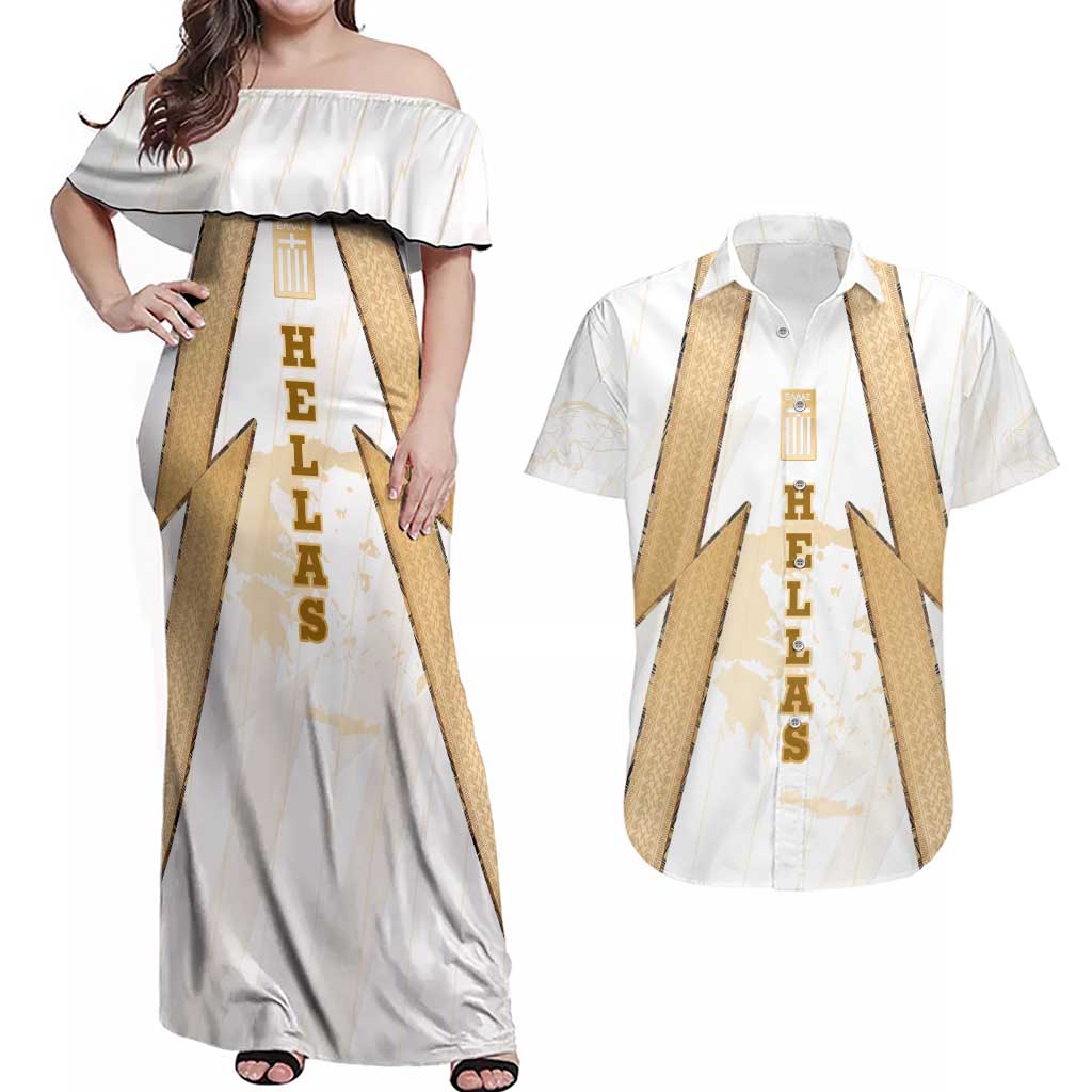 Hellas Athletic Couples Matching Off Shoulder Maxi Dress and Hawaiian Shirt with Ancient Greek Shield Graphic and Numbered Back