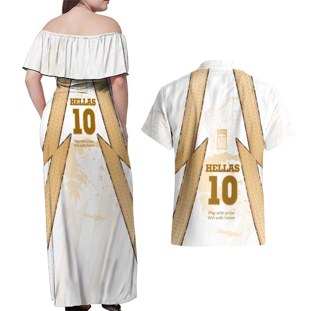 Hellas Athletic Couples Matching Off Shoulder Maxi Dress and Hawaiian Shirt with Ancient Greek Shield Graphic and Numbered Back