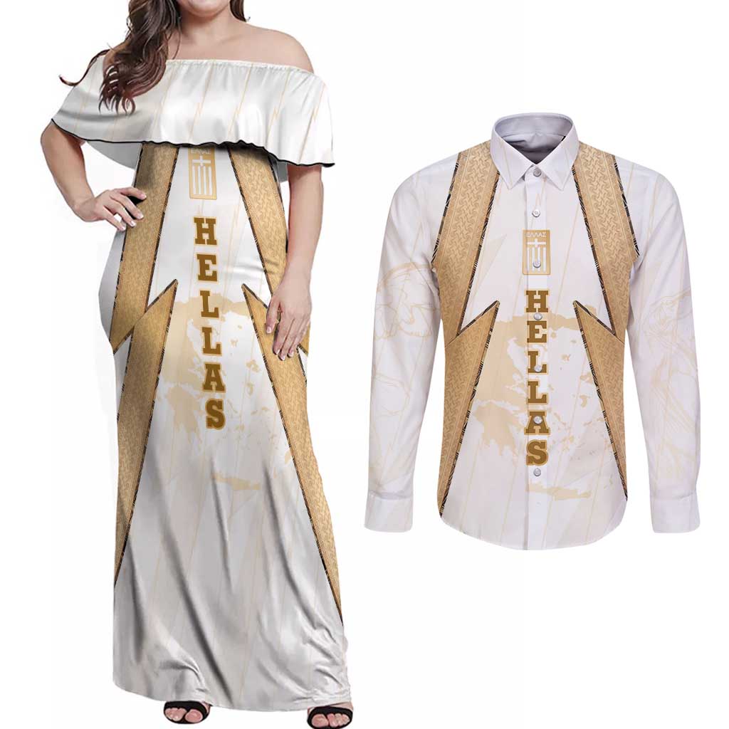 Hellas Athletic Couples Matching Off Shoulder Maxi Dress and Long Sleeve Button Shirt with Ancient Greek Shield Graphic and Numbered Back
