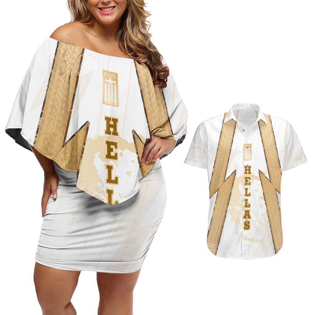 Hellas Athletic Couples Matching Off Shoulder Short Dress and Hawaiian Shirt with Ancient Greek Shield Graphic and Numbered Back