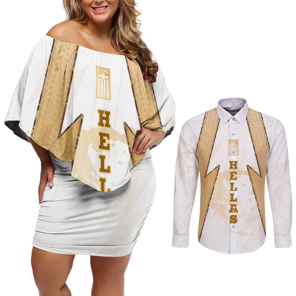 Hellas Athletic Couples Matching Off Shoulder Short Dress and Long Sleeve Button Shirt with Ancient Greek Shield Graphic and Numbered Back