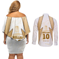 Hellas Athletic Couples Matching Off Shoulder Short Dress and Long Sleeve Button Shirt with Ancient Greek Shield Graphic and Numbered Back