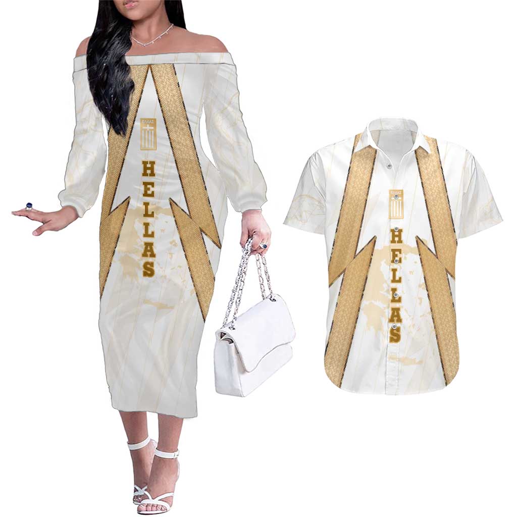 Hellas Athletic Couples Matching Off The Shoulder Long Sleeve Dress and Hawaiian Shirt with Ancient Greek Shield Graphic and Numbered Back