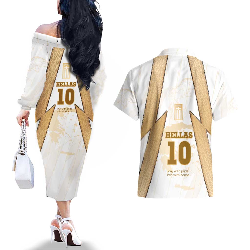 Hellas Athletic Couples Matching Off The Shoulder Long Sleeve Dress and Hawaiian Shirt with Ancient Greek Shield Graphic and Numbered Back