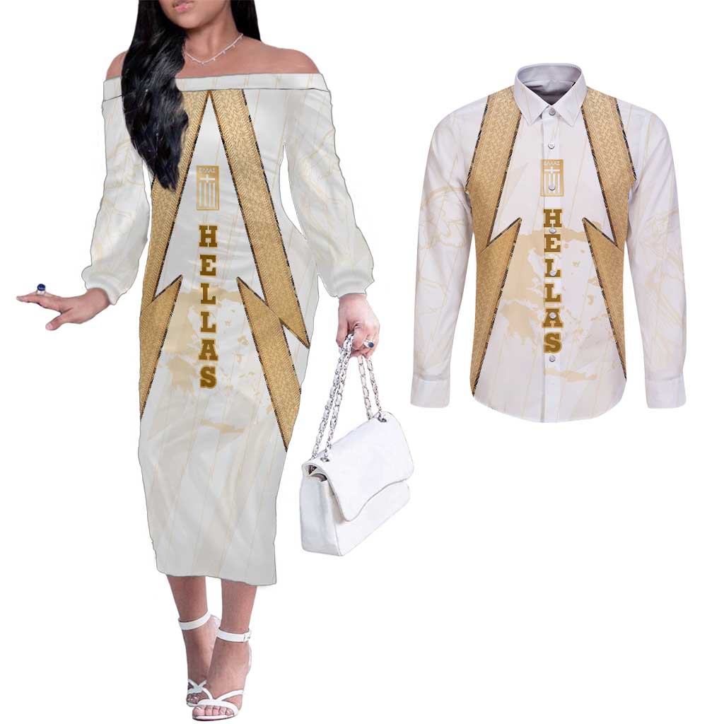 Hellas Athletic Couples Matching Off The Shoulder Long Sleeve Dress and Long Sleeve Button Shirt with Ancient Greek Shield Graphic and Numbered Back