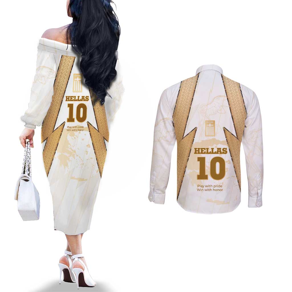 Hellas Athletic Couples Matching Off The Shoulder Long Sleeve Dress and Long Sleeve Button Shirt with Ancient Greek Shield Graphic and Numbered Back