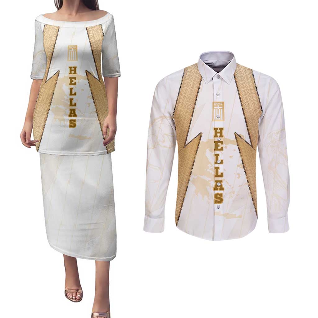 Hellas Athletic Couples Matching Puletasi and Long Sleeve Button Shirt with Ancient Greek Shield Graphic and Numbered Back