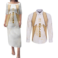 Hellas Athletic Couples Matching Puletasi and Long Sleeve Button Shirt with Ancient Greek Shield Graphic and Numbered Back